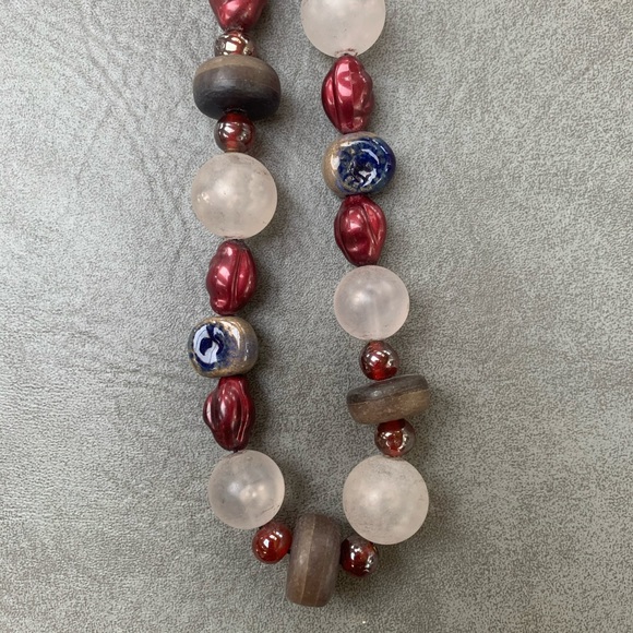 Red, Blue, White, and Brown Beaded Necklace - Picture 1 of 6